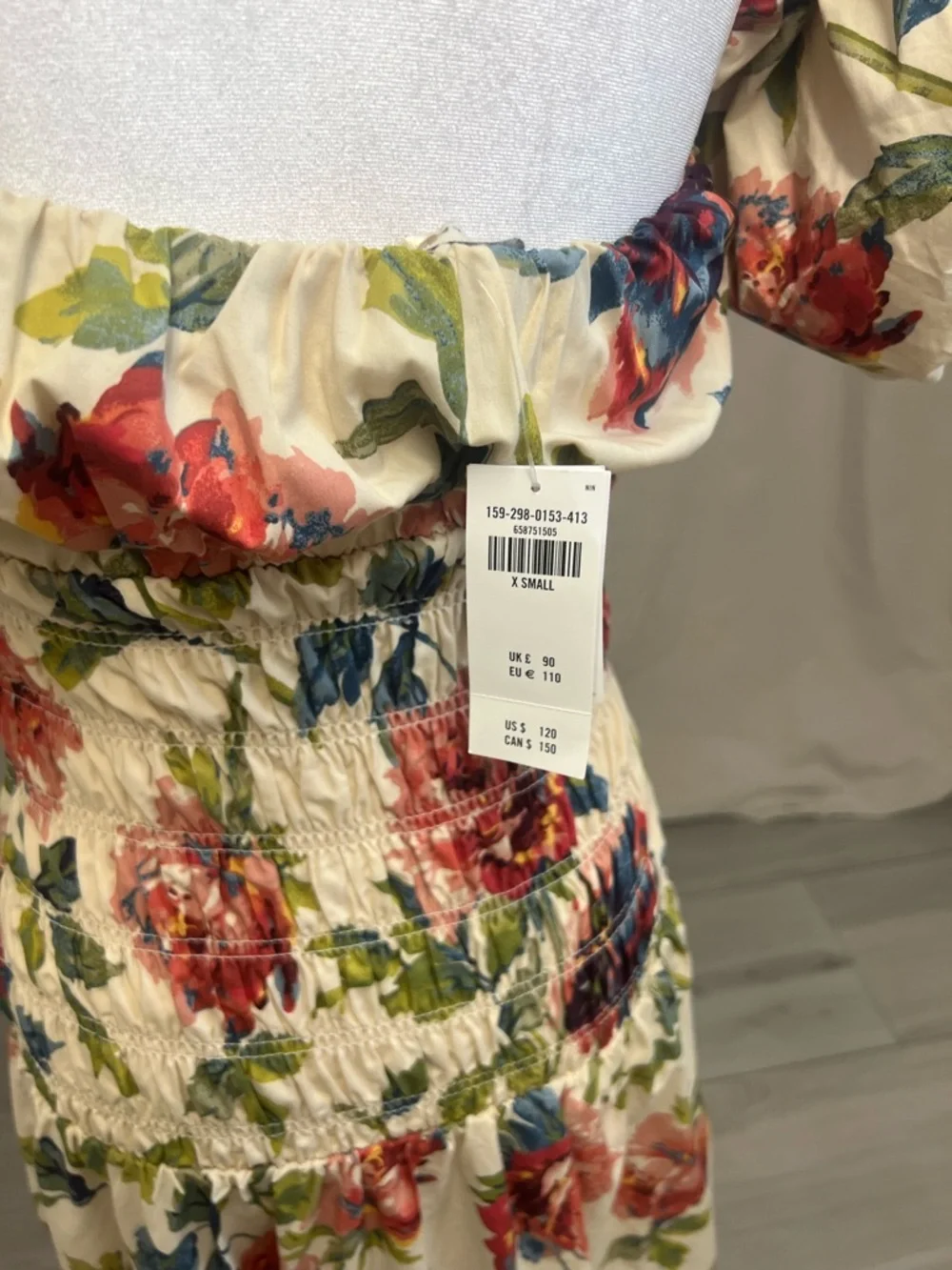 Anthropologie Floral Maxi Dress Puff Sleeve Smocked Sz XS Cottagecore Boho Cream - Picture 8 of 11